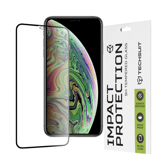 Techsuit Displayschutzfolie für Apple iPhone 11 Pro / XS / X, gehärtetes Glas, Full Glue, 111D, Schwarz