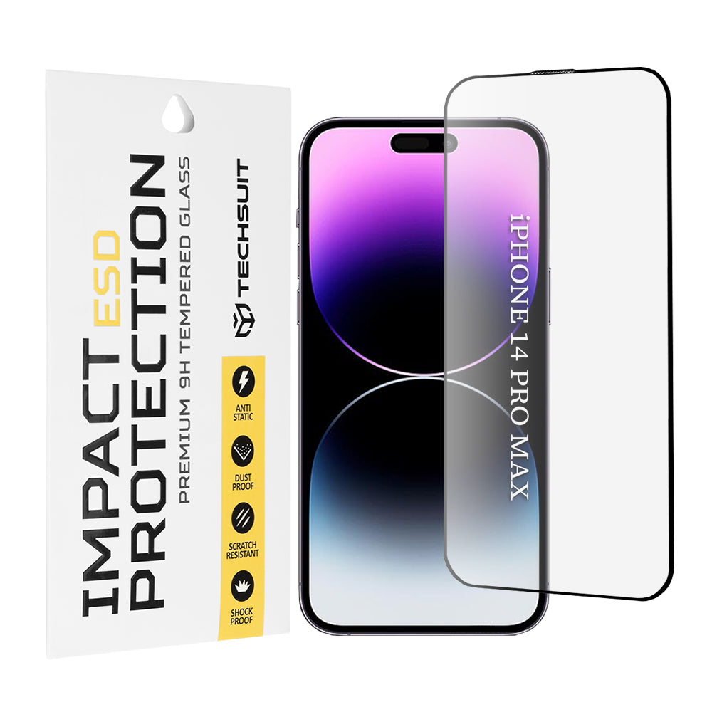 Techsuit Displayschutzfolie für Apple iPhone 14 Pro Max, gehärtetes Glas, Full Glue, Schwarz
