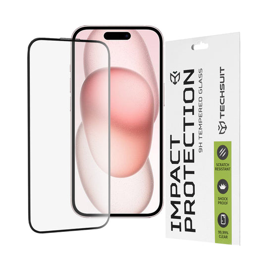 Techsuit Displayschutzfolie für Apple iPhone 16 / 15, gehärtetes Glas, Full Glue, 111D, Schwarz
