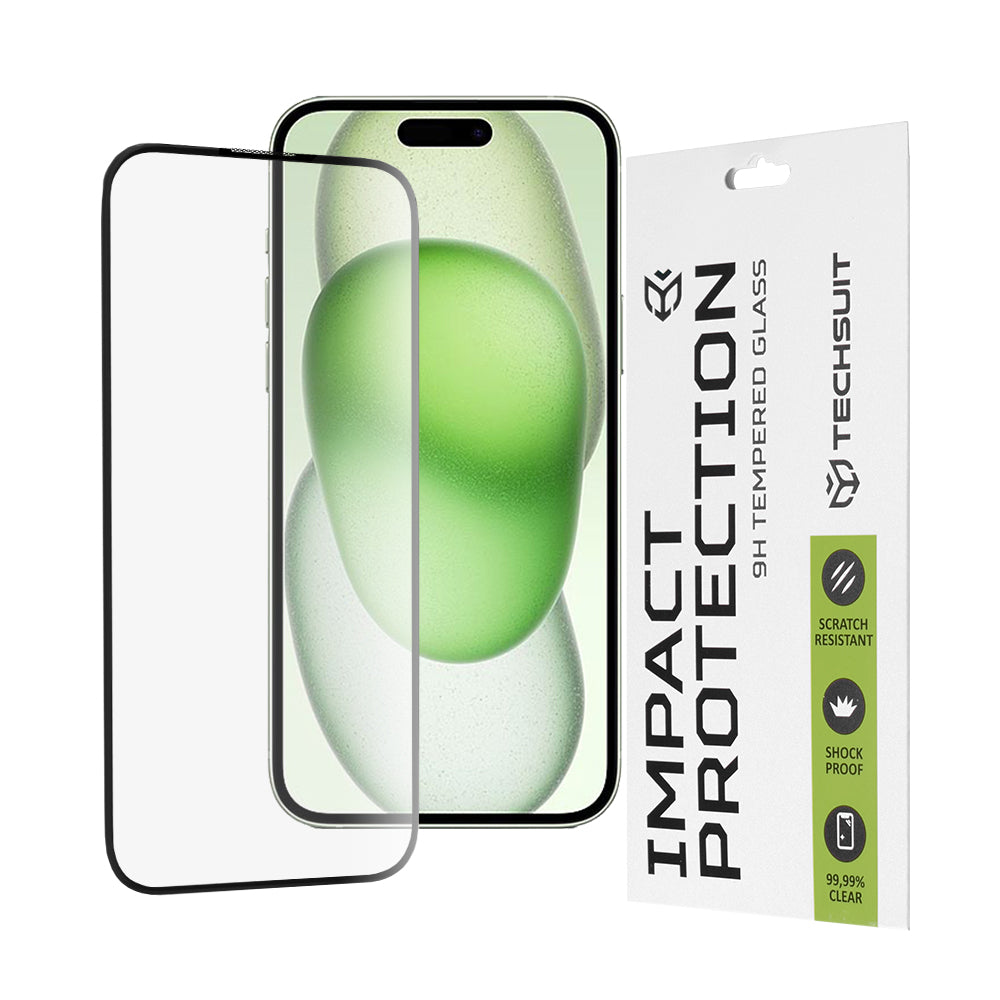 Techsuit Displayschutzfolie für Apple iPhone 16 Plus / 15 Plus, gehärtetes Glas, Full Glue, 111D, Schwarz