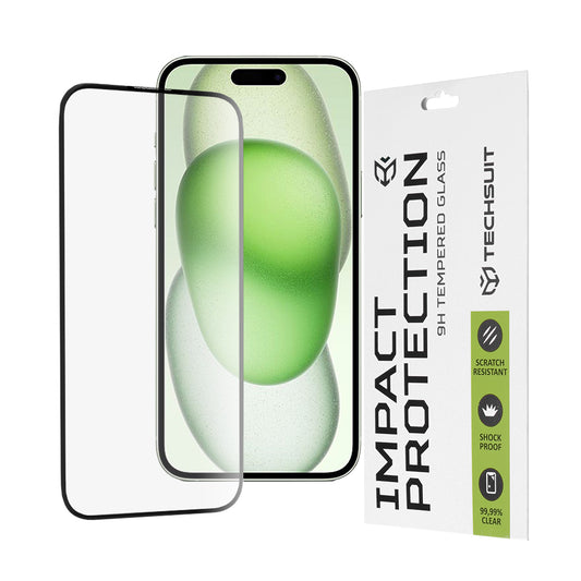 Techsuit Displayschutzfolie für Apple iPhone 16 Plus / 15 Plus, gehärtetes Glas, Full Glue, 111D, Schwarz