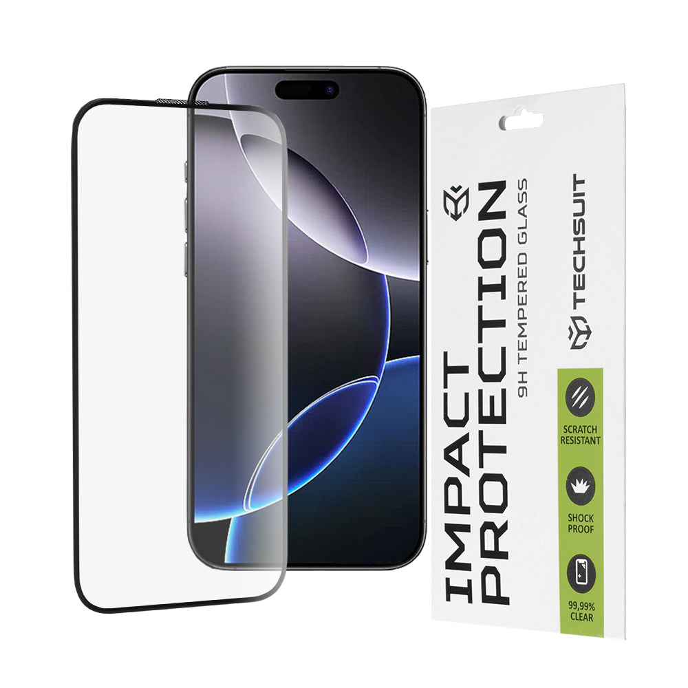 Techsuit Displayschutzfolie für Apple iPhone 16 Pro Max, gehärtetes Glas, Full Glue, 111D, Schwarz