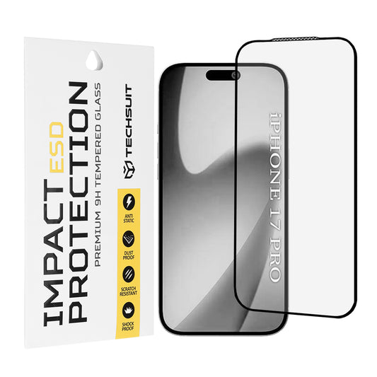 Schutzfolie Techsuit für Apple iPhone 17 Pro, gehärtetes Glas, Full Glue, Schwarz