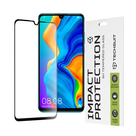 Techsuit Displayschutzfolie für Huawei P30 lite New Edition / P30 lite, gehärtetes Glas, Full Glue, 111D, Schwarz