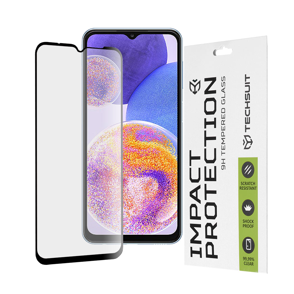 Techsuit Displayschutzfolie für Samsung Galaxy M13 M135 / F13 E135 / A23 5G A236 / A23 A235, gehärtetes Glas, Full Glue, 111D, Schwarz