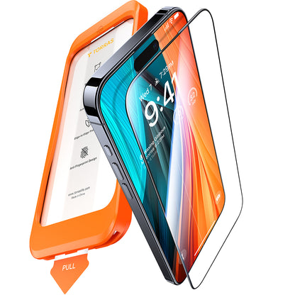 Schutzfolie Torras GlassGo Install Master für Apple iPhone 16 Plus, gehärtetes Glas, vollflächig klebend, Schwarz.
