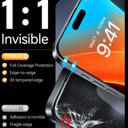 Schutzfolie Torras GlassGo Install Master für Apple iPhone 16 Plus, gehärtetes Glas, vollflächig klebend, Schwarz.
