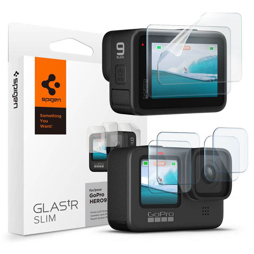 Displayschutz- und Linsenfolie Spigen GlastR Slim für GoPro Hero 12 / 9 / 10 / 11, gehärtetes Glas, Set 6 Stück AGL03045