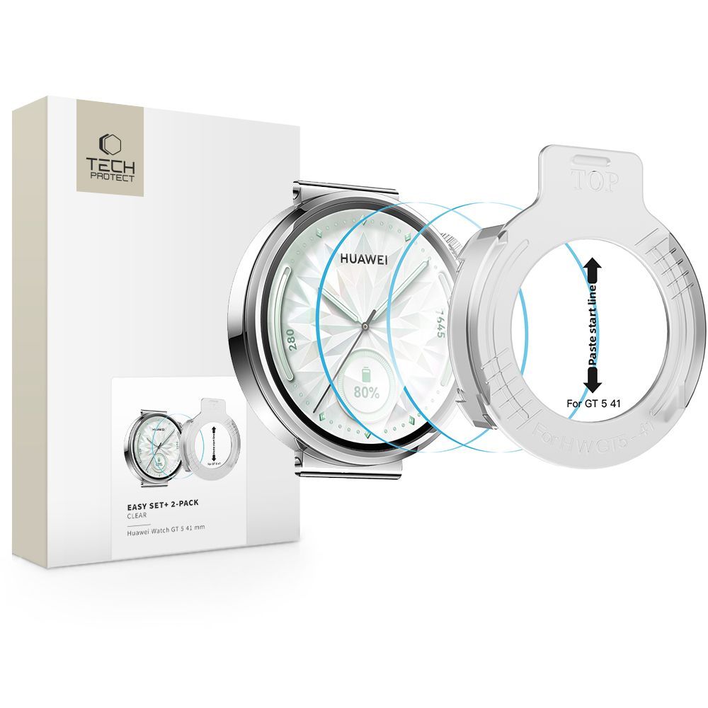 Schutzfolie Tech-Protect Easy Set+ für Huawei Watch GT 5 41mm, Set 2 Stück, Gehärtetes Glas