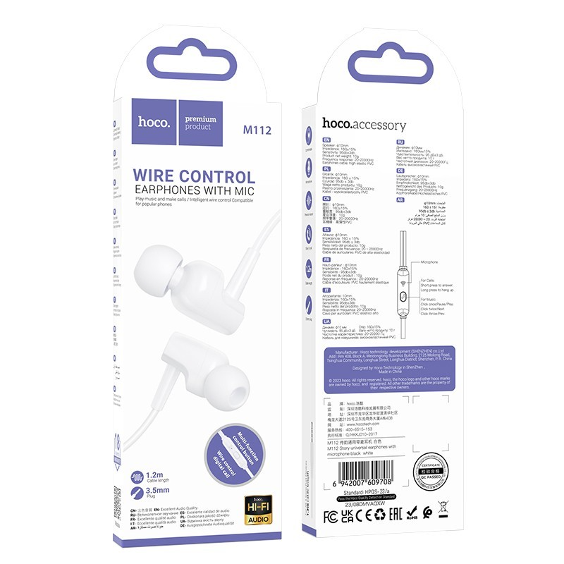 Handsfree 3.5mm HOCO M112, Weiß