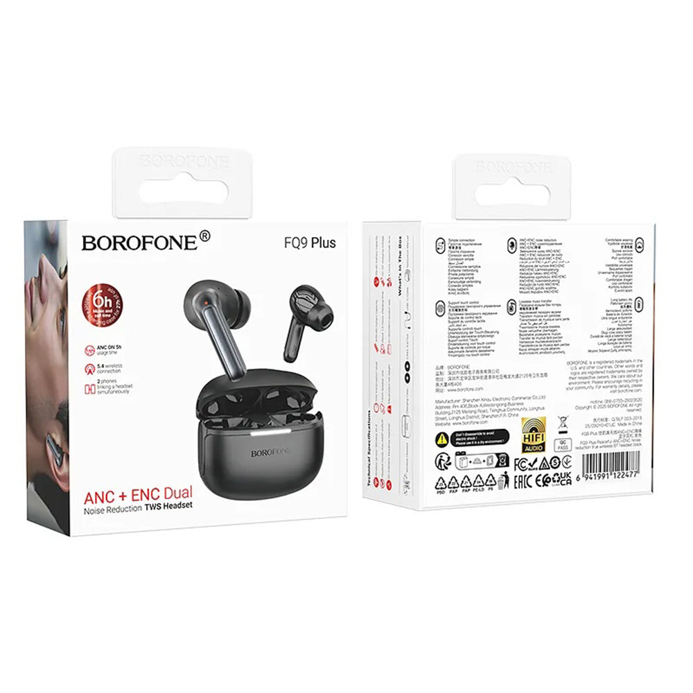 Bluetooth-Freisprecheinrichtung Borofone FQ9 Plus Peaceful, TWS, ANC, Schwarz
