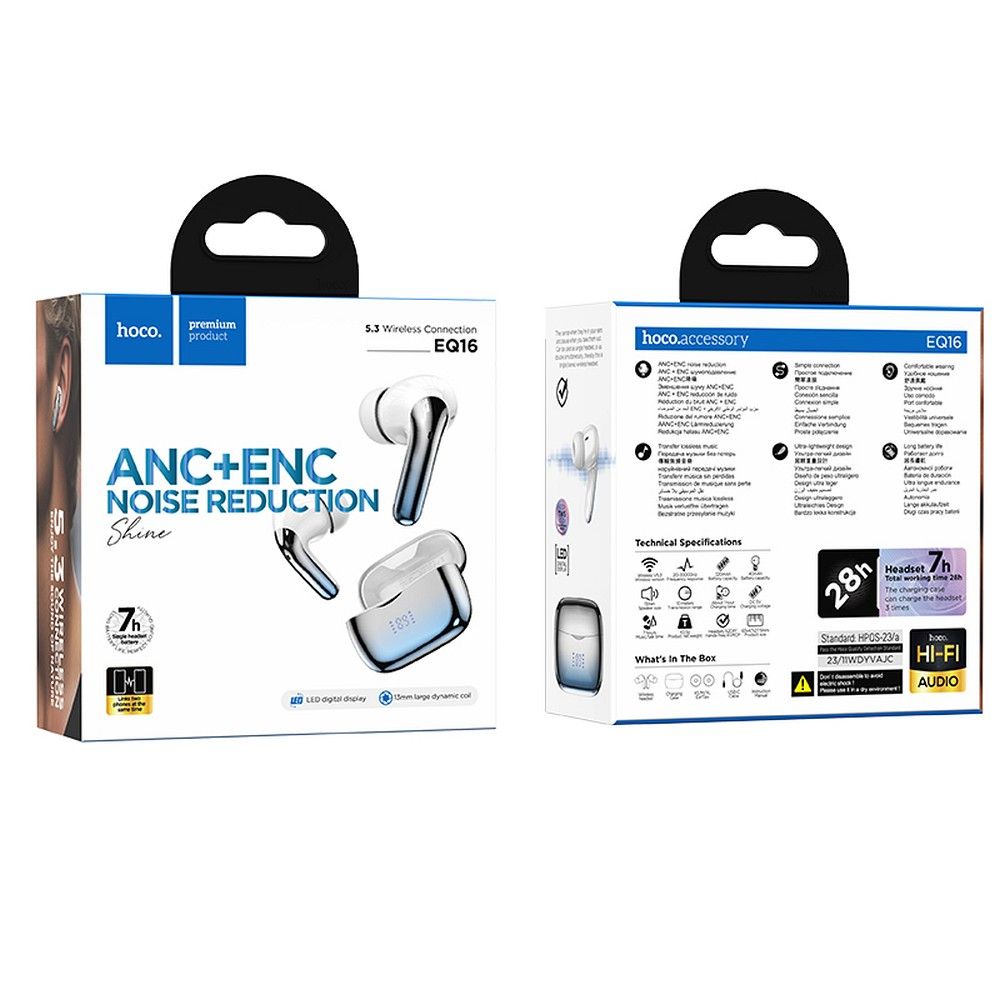 Freisprecheinrichtung Bluetooth HOCO EQ16, TWS, ANC, Blau