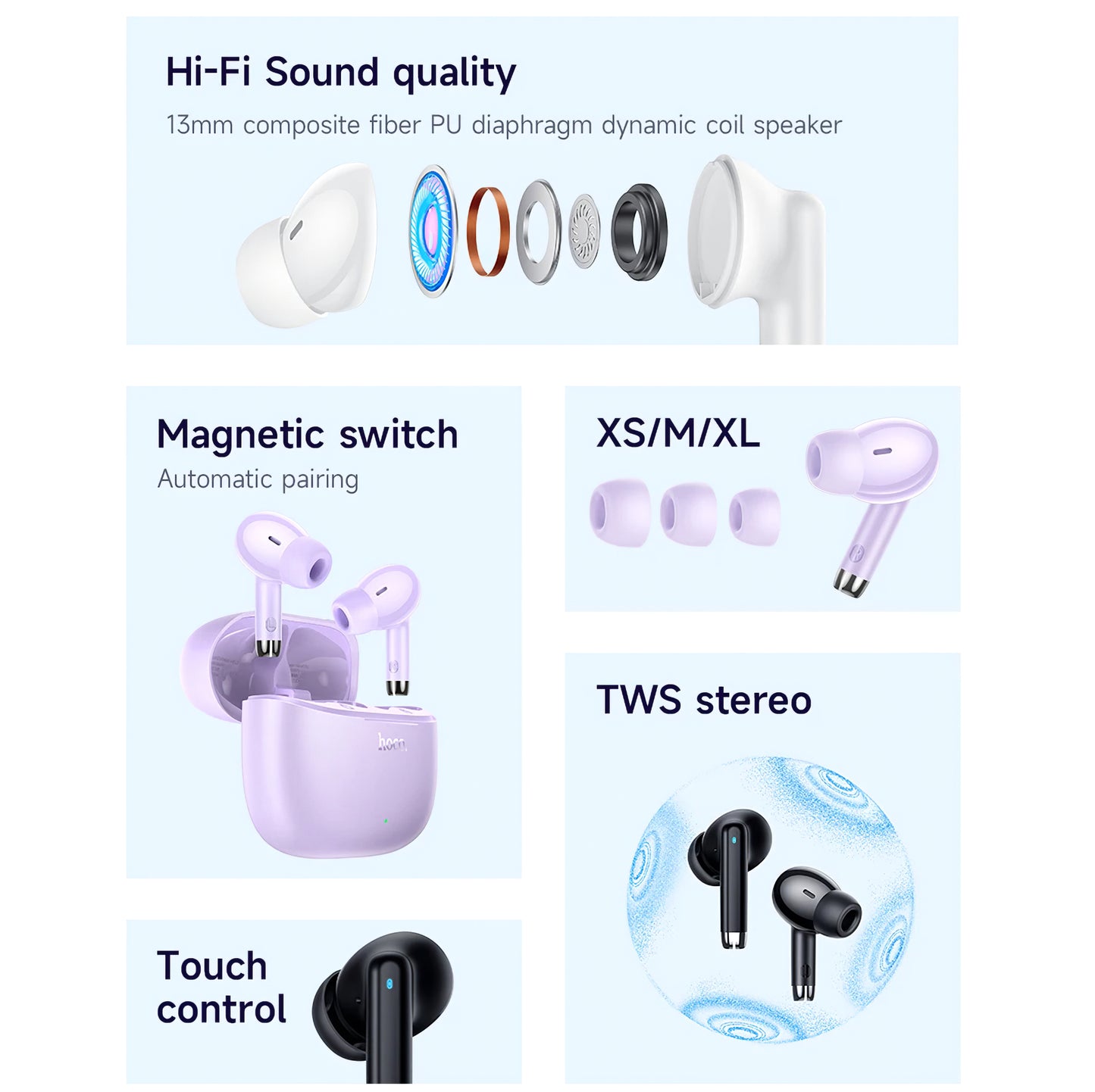 Freisprecheinrichtung Bluetooth HOCO EQ2, TWS, Lila