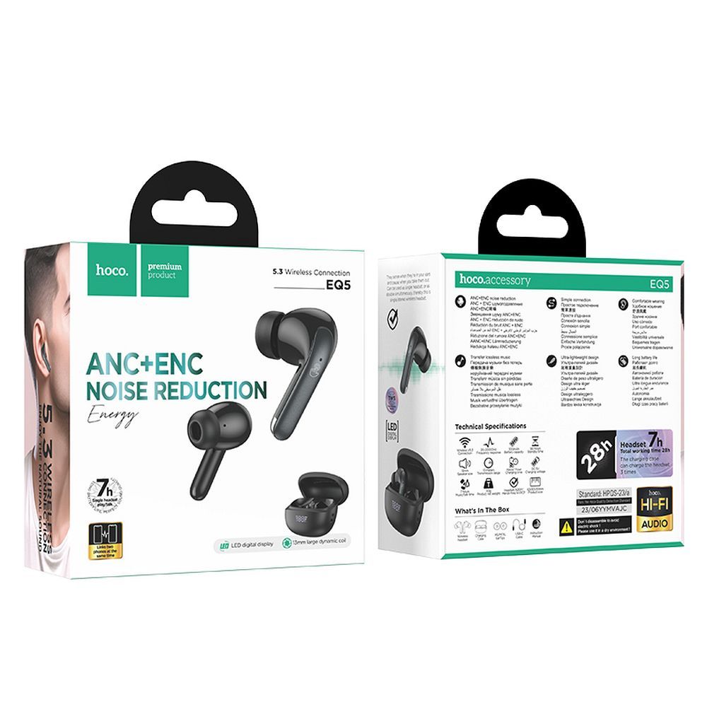 Bluetooth-Freisprecheinrichtung Bluetooth HOCO EQ5, TWS, ANC, Schwarz 
