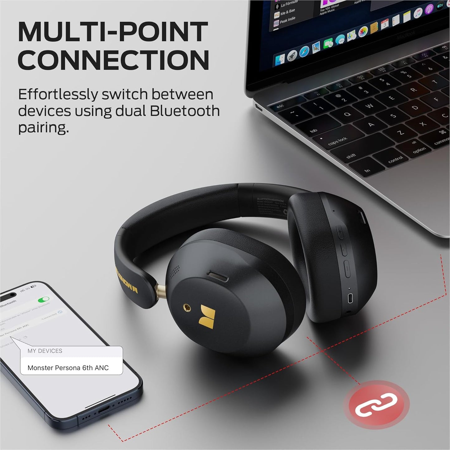 Bluetooth-Headset Monster Persona 6th, MultiPoint, A2DP, ANC, Schwarz
