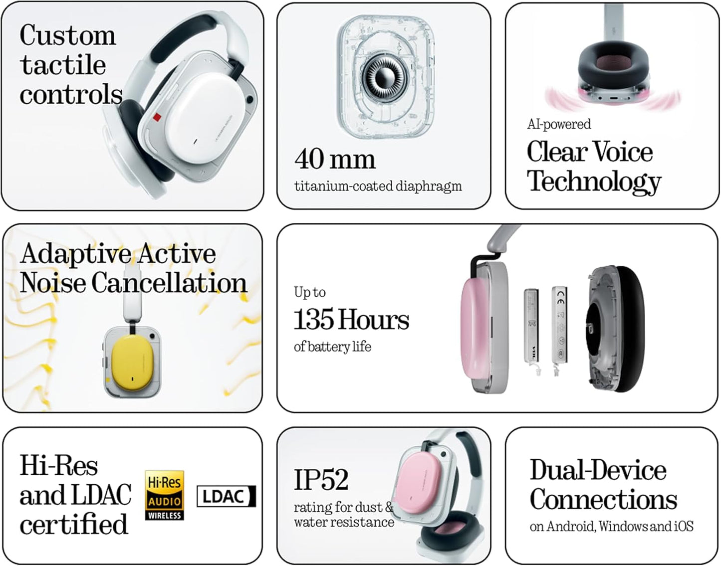 Handsfree Bluetooth Nothing Headphone (a), MultiPoint, A2DP, ANC, Rosa