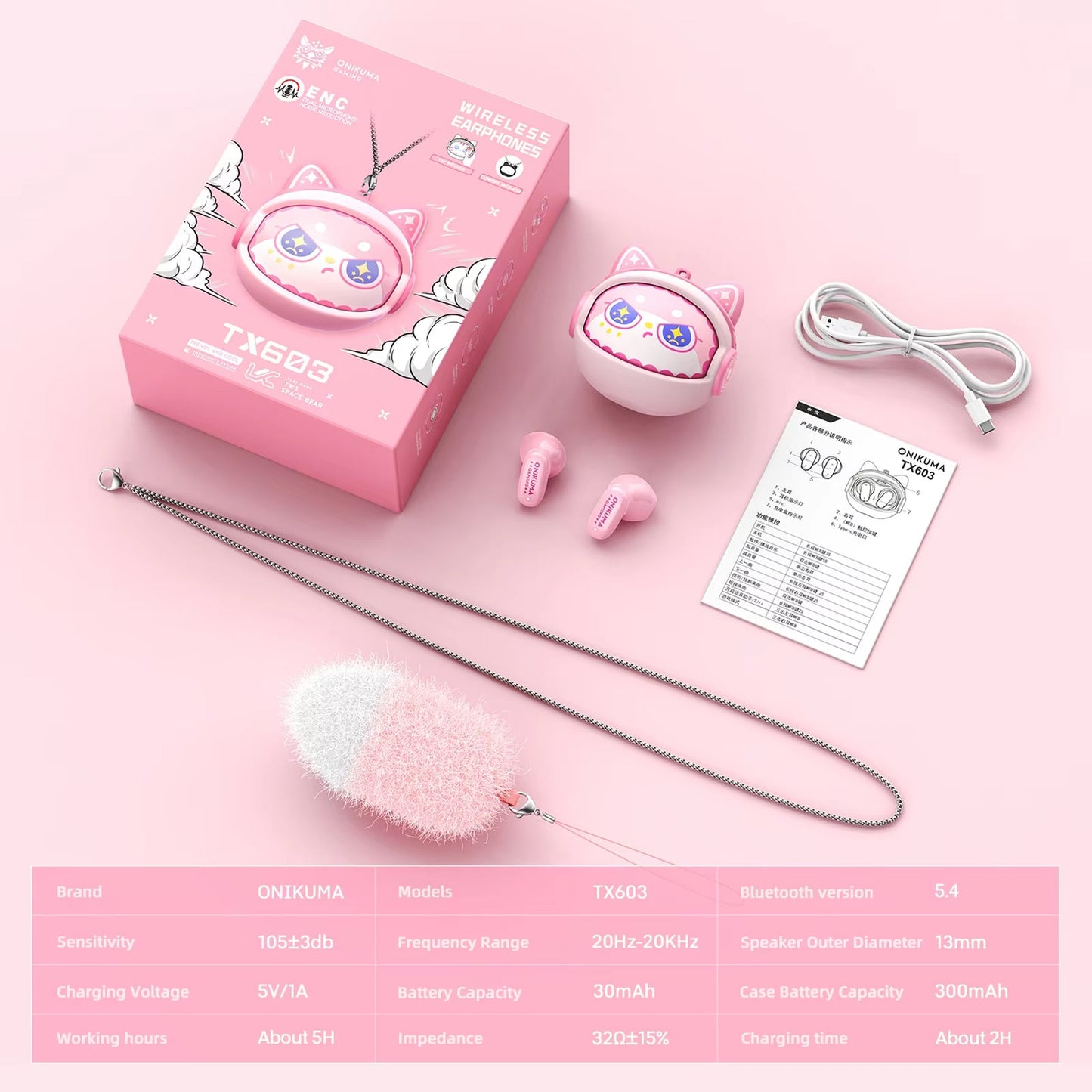 Handsfree Bluetooth Onikuma TX603, TWS, Pink