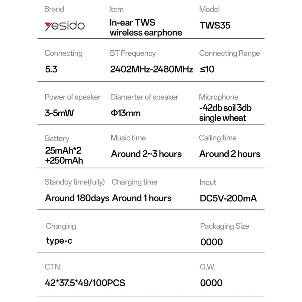 Handsfree Bluetooth Yesido TWS35, TWS, White