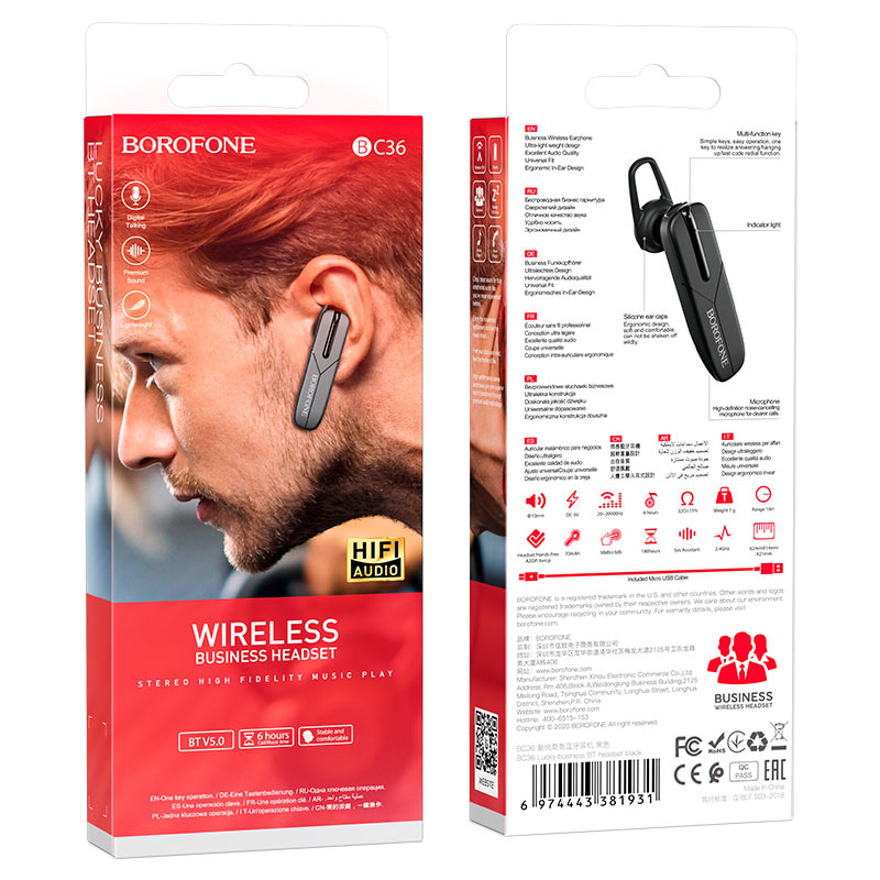 Freisprech-Bluetooth-Headset BC36 Lucky, A2DP, Schwarz