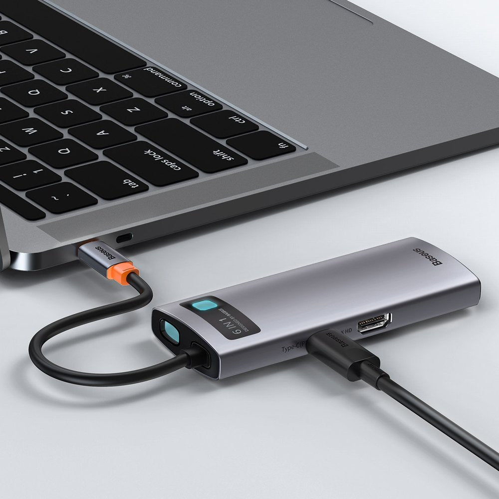 USB-C Hub Baseus Metal Gleam, 3 x USB-A 3.0 - 1 x USB-C - 1 x HDMI - 1 x RJ45, Grau CAHUB-CW0G