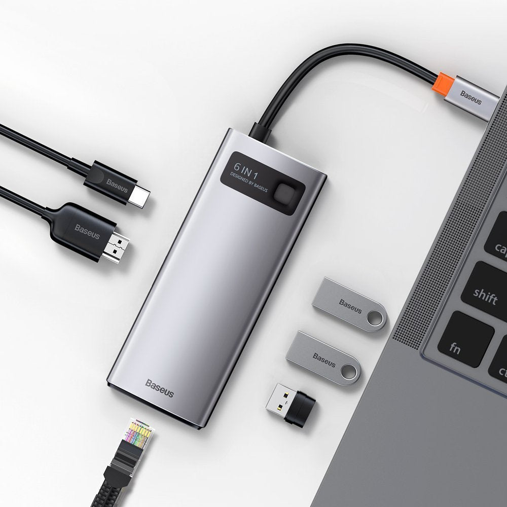 USB-C Hub Baseus Metal Gleam, 3 x USB-A 3.0 - 1 x USB-C - 1 x HDMI - 1 x RJ45, Grau CAHUB-CW0G