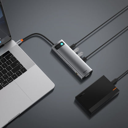 Baseus Metal Gleam USB-C Hub, 3 x USB-A 3.0 - 1 x USB-C - 2 x HDMI - 1 x VGA - 1 x 3.5mm Jack - 1 x RJ45 - 1 x SD - 1 x microSD, Gray CAHUB-CT0G