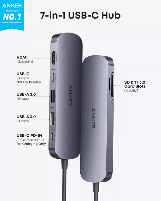 Hub USB-C Anker, 2 x USB-A 3.0 - 2 x USB-C - 1 x HDMI - 1 x SD - 1 x microSD, Grau A83D2HA1