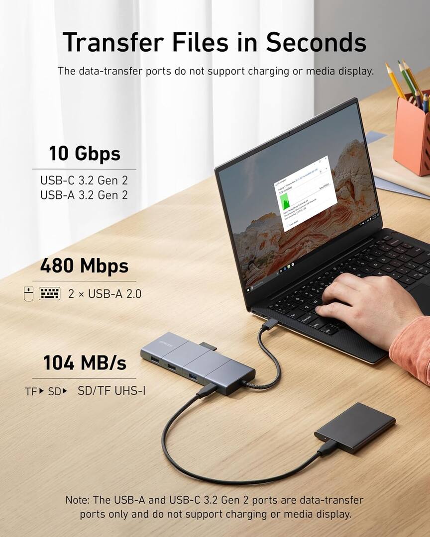USB-C Hub Anker PowerExpand, 1 x USB-A 3.2 - 2 x USB-A - 2 x USB-C - 1 x DisplayPort - 1 x HDMI - 1 x 3,5 mm Klinke - 1 x RJ45 - 1 x SD - 1 x microSD, Grau