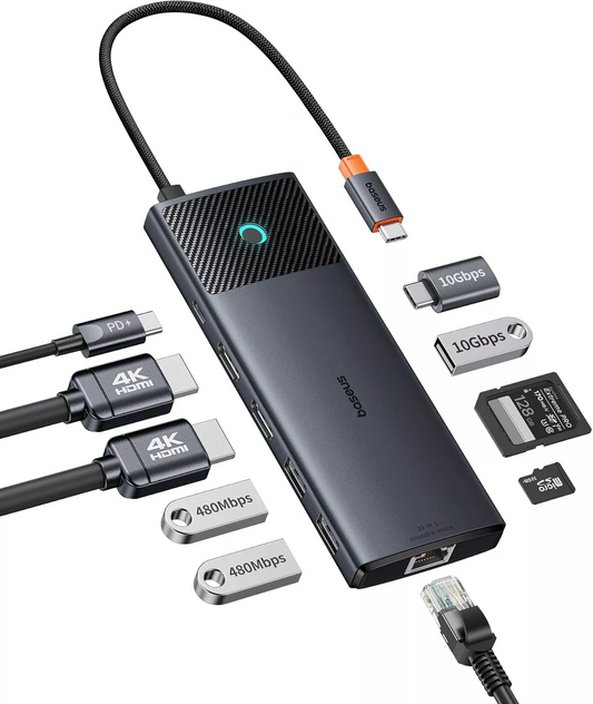 Hub USB-C Baseus Dual Display, 1 x USB-A 3.0 - 2 x USB-A - 2 x USB-C - 2 x HDMI - 1 x RJ45 - 1 x SD - 1 x microSD, Schwarz B00061800123-01
