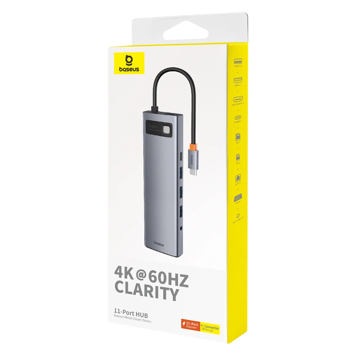 Hub USB-C Baseus Metal Gleam, 1 x USB-C – 3 x USB-A 3.0 – 1 x USB-A – 1 x HDMI – 1 x VGA – 1 x Klinke 3,5 mm – 1 x RJ45 – 1 x SD – 1 x microSD, Grau