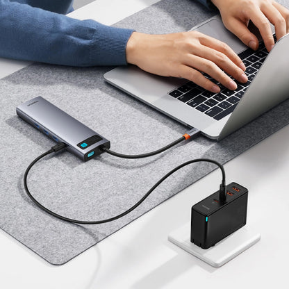 Hub USB-C Baseus Metal Gleam, 1 x USB-C – 3 x USB-A 3.0 – 1 x USB-A – 1 x HDMI – 1 x VGA – 1 x Klinke 3,5 mm – 1 x RJ45 – 1 x SD – 1 x microSD, Grau