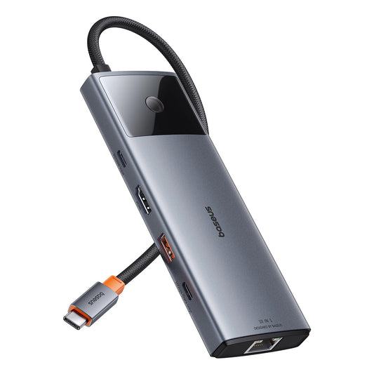 USB-C Hub Baseus Metal Gleam II, 2 x USB-C - 3 x USB-A - 1 x HDMI - 1 x 3,5mm Klinke - 1 x RJ45 - 1 x SD - 1 x microSD, Grau