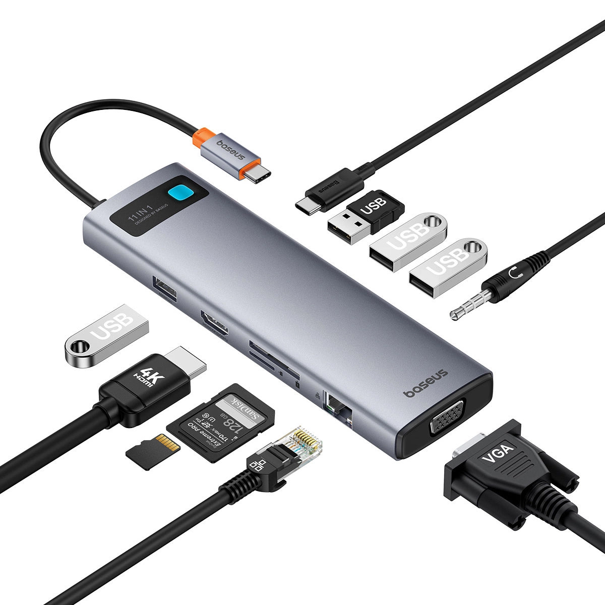 Hub USB-C Baseus Metal Gleam, 1 x USB-C – 3 x USB-A 3.0 – 1 x USB-A – 1 x HDMI – 1 x VGA – 1 x Klinke 3,5 mm – 1 x RJ45 – 1 x SD – 1 x microSD, Grau