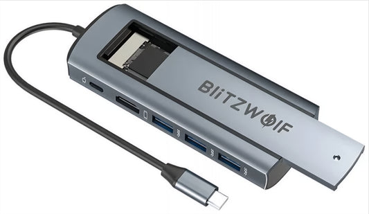 USB-C Hub BlitzWolf BW-Neo TH13, 3 x USB-A 3.0 - 1 x USB-C - 1 x DisplayPort - 1 x SSD-Schnittstelle, Grau