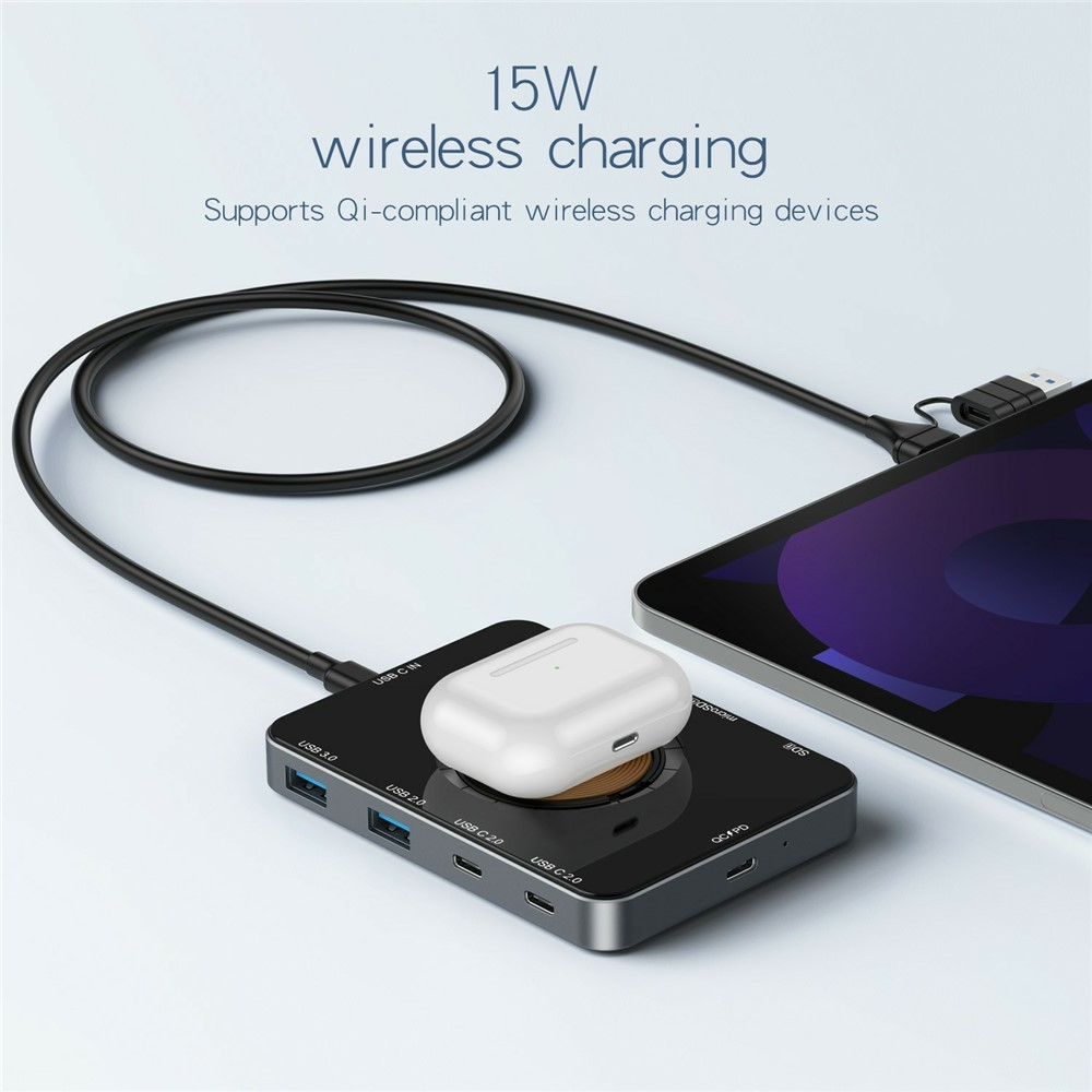 USB-C Hub mit QI Wireless Charging OEM YC7209, 10in1, Grau
