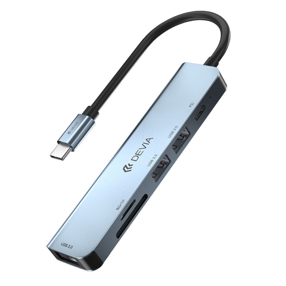 USB-C-Hub DEVIA EC135, 3 x USB-A 3.0 – 1 x USB-C – 1 x SD – 1 x microSD, Grau