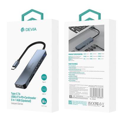 USB-C-Hub DEVIA EC135, 3 x USB-A 3.0 – 1 x USB-C – 1 x SD – 1 x microSD, Grau