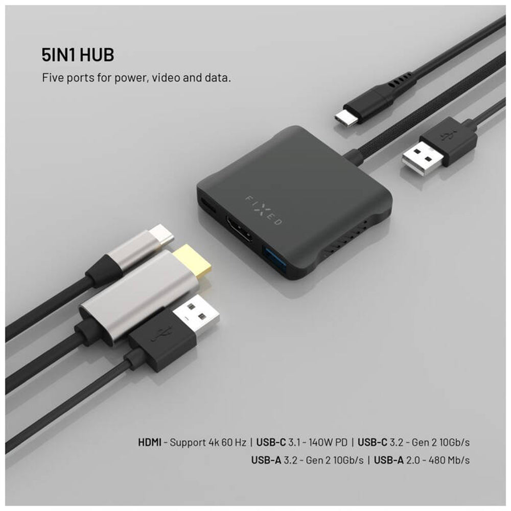 Hub USB-C Fixed Quadri, 5in1, Schwarz