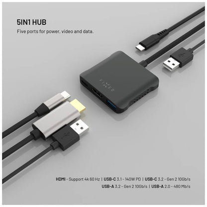 Hub USB-C Fixed Quadri, 5in1, Schwarz