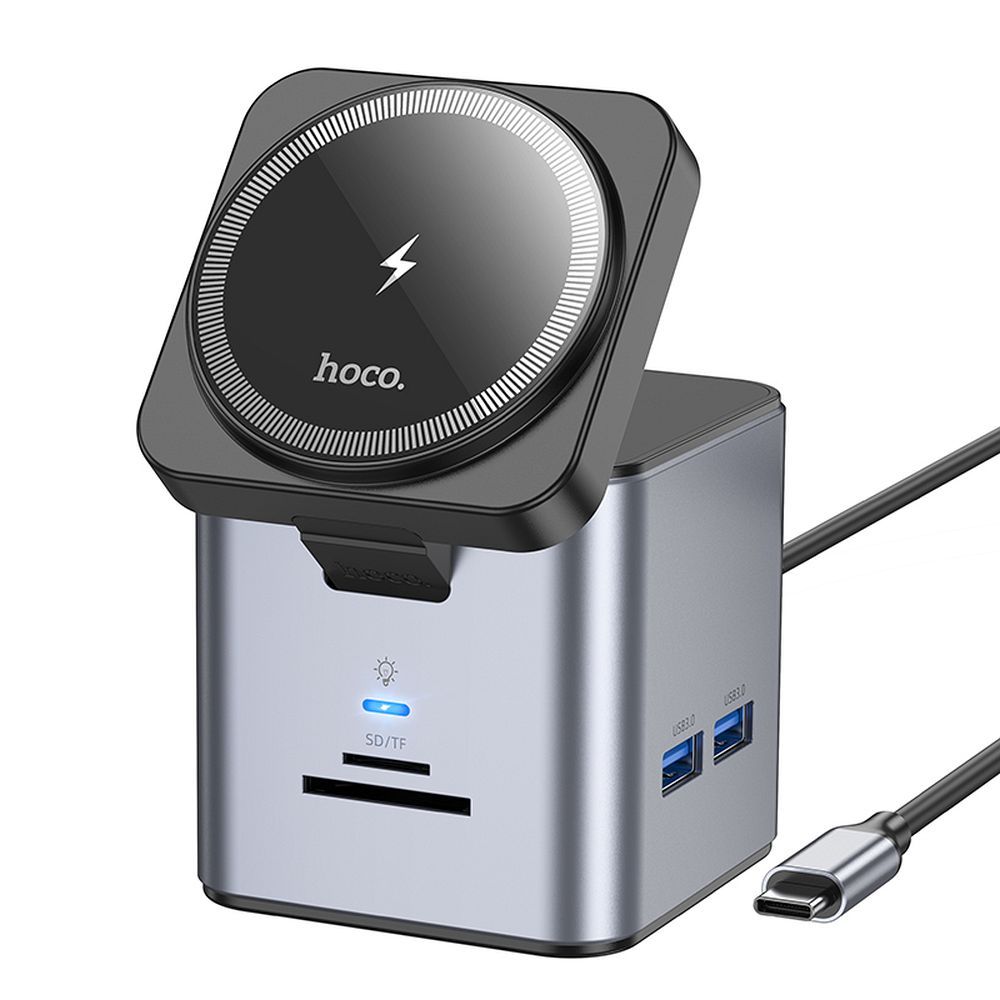 HOCO HB49 USB-C-Hub, 3 x USB-A 3.0 – 1 x USB-C – 1 x HDMI – 1 x RJ45 – 1 x QI – 1 x SD – 1 x microSD, Grau