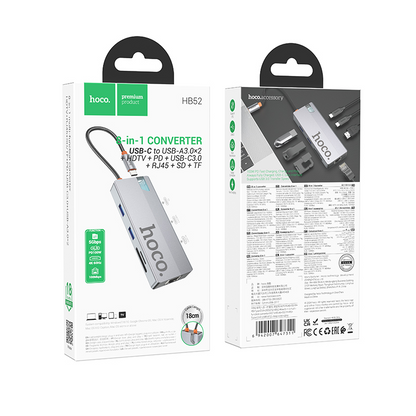 USB-C Hub HOCO HB52, 2 x USB-A 3.0 - 2 x USB-C - 1 x HDMI - 1 x RJ45 - 1 x SD - 1 x microSD, Grau