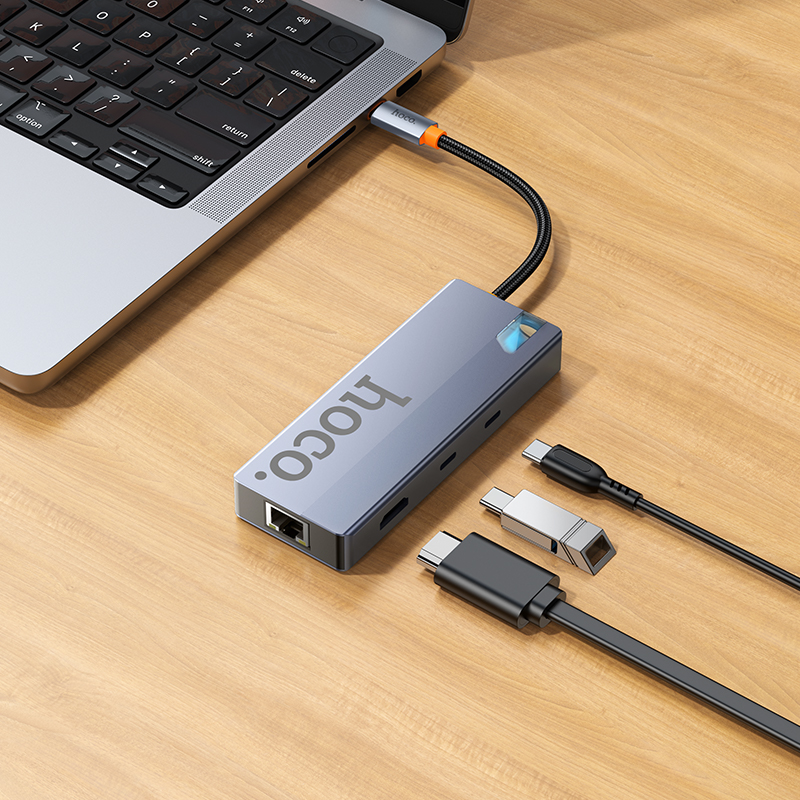 USB-C Hub HOCO HB52, 2 x USB-A 3.0 - 2 x USB-C - 1 x HDMI - 1 x RJ45 - 1 x SD - 1 x microSD, Grau