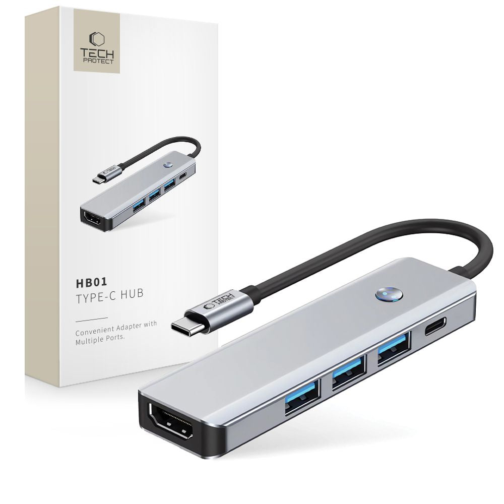 Hub USB-C Tech-Protect HB01, 1 x USB-A 3.0 - 2 x USB-A - 1 x USB-C - 1 x HDMI, Grau