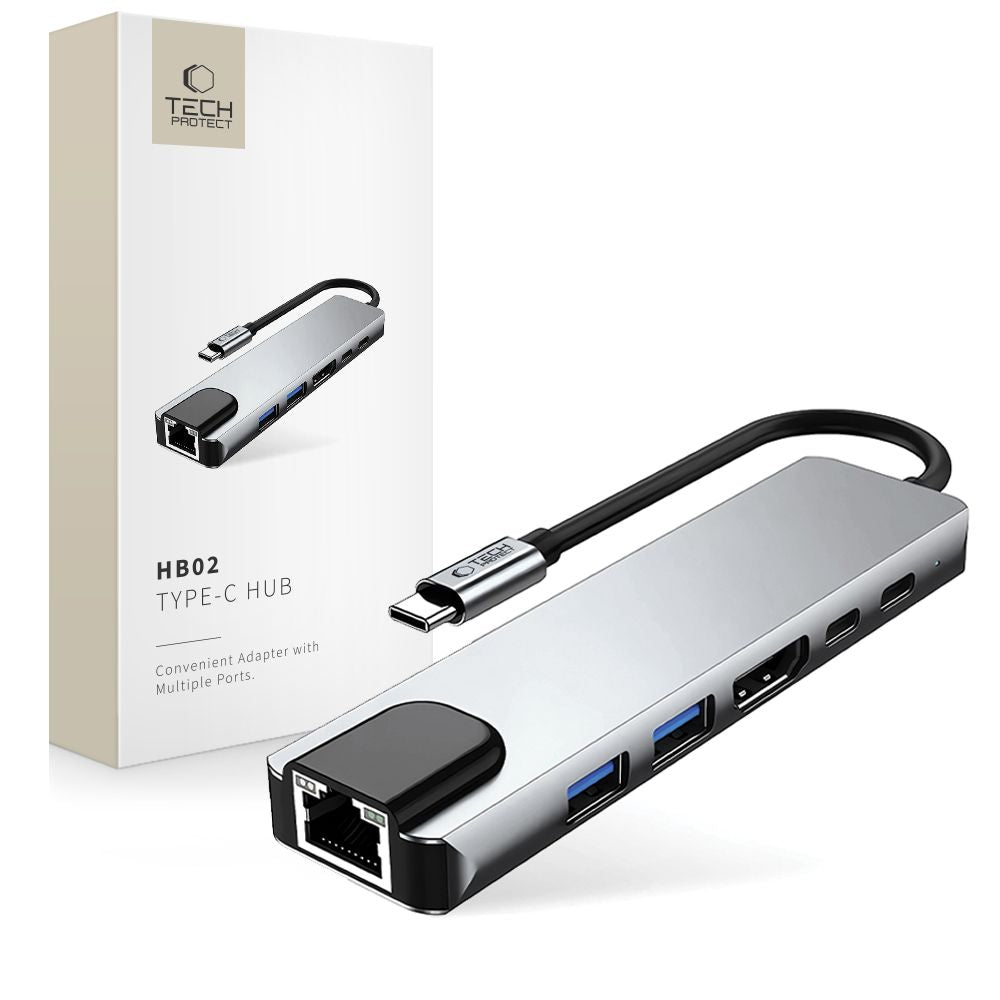 Hub USB-C Tech-Protect HB02, 1 x USB-A 3.0 - 1 x USB-A - 2 x USB-C - 1 x HDMI - 1 x RJ45, Grau