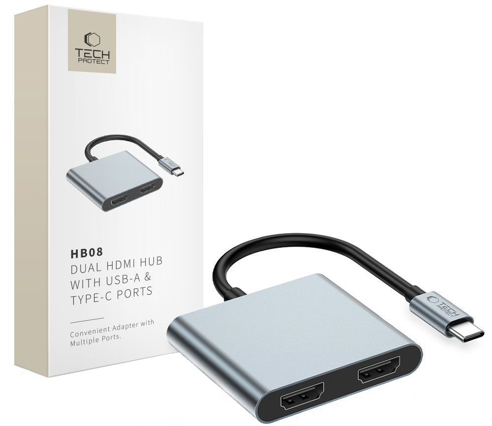 Hub USB-C Tech-Protect HB08, 1 x USB-A - 1 x USB-C - 2 x HDMI, Grau