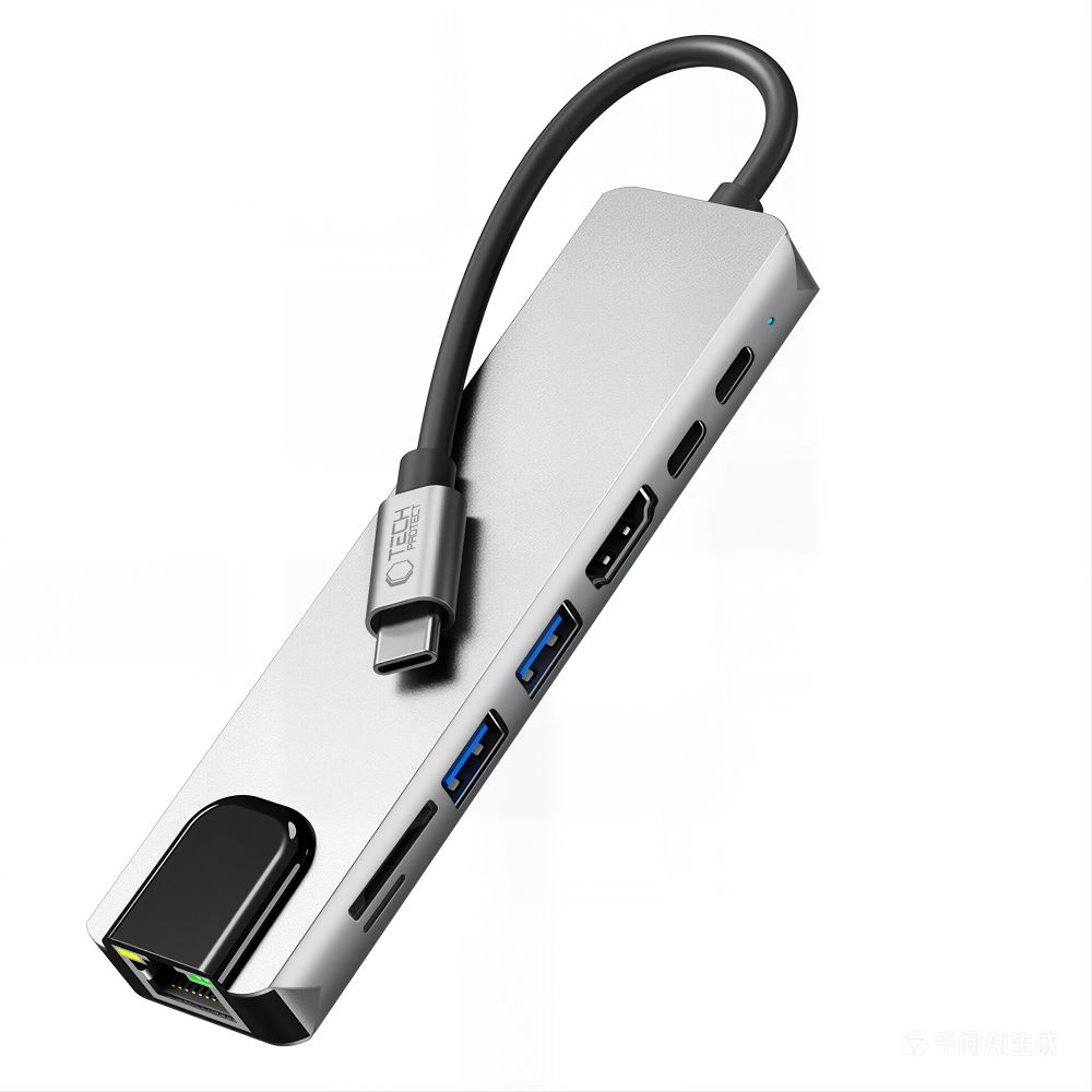 USB-C Hub Tech-Protect HB09, 2 x USB-A 3.0 - 2 x USB-C - 1 x HDMI - 1 x RJ45 - 1 x SD - 1 x microSD, Grau