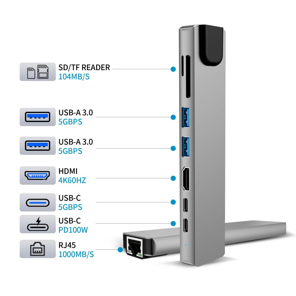 USB-C Hub Tech-Protect HB09, 2 x USB-A 3.0 - 2 x USB-C - 1 x HDMI - 1 x RJ45 - 1 x SD - 1 x microSD, Grau