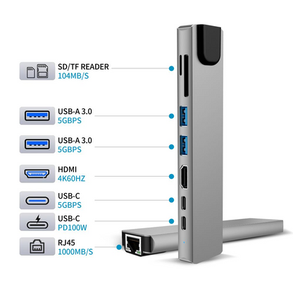 USB-C Hub Tech-Protect HB09, 2 x USB-A 3.0 - 2 x USB-C - 1 x HDMI - 1 x RJ45 - 1 x SD - 1 x microSD, Grau