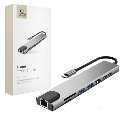 USB-C Hub Tech-Protect HB09, 2 x USB-A 3.0 - 2 x USB-C - 1 x HDMI - 1 x RJ45 - 1 x SD - 1 x microSD, Grau