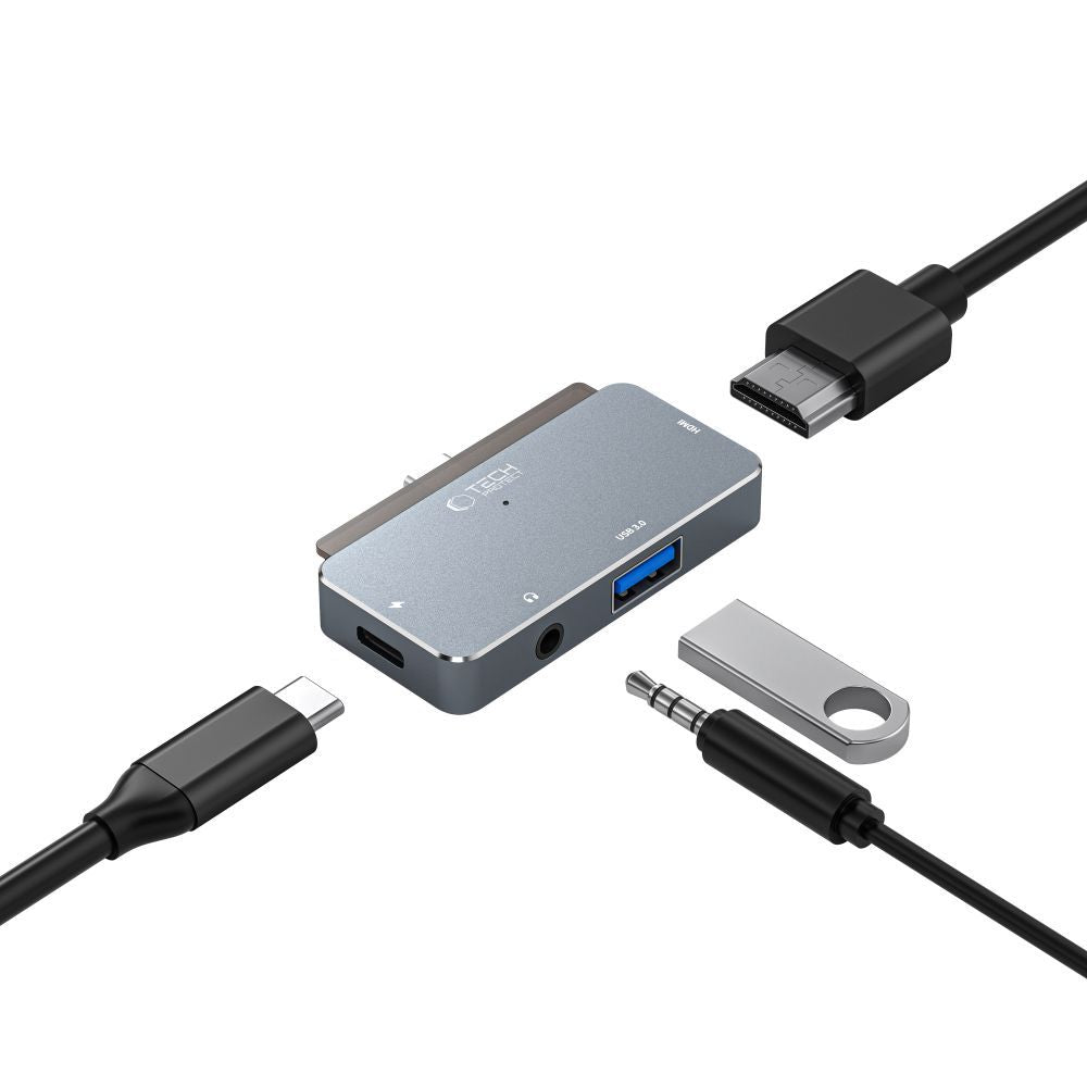 Hub USB-C Tech-Protect V6, 1 x USB-A – 1 x USB-C – 1 x HDMI – 1 x Klinke 3,5 mm, Grau